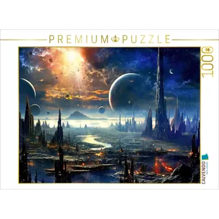 CALVENDO Puzzle Belebte Stadt auf einem fremden Planeten - Science Fiction | 1000 Teile Lege-Größe 64 x 48 cm Foto-Puzzle für glückliche Stunden