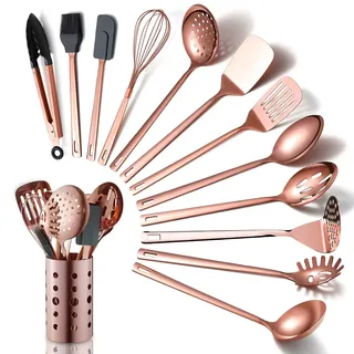 Set Küchenutensilien aus Kupfer, 13-teiliges Kochgeschirr aus Edelstahl mit Titan-Roségold-Beschichtung, Küchenutensilien-Set mit Utensilienhalter für Antihaft-Kochgeschirr (13 Packungen)