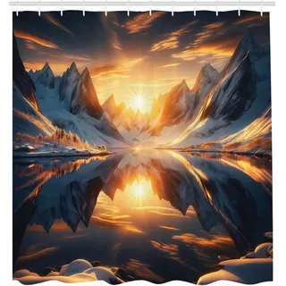 ABAKUHAUS See Duschvorhang, Symmetrische Naturreflexion mit verschneiten Bergen Dramatische Sonnenuntergangsszenerie, Stoffliches Gewebe mit Haken, 175 x 200 cm, Orange Dunkelblau