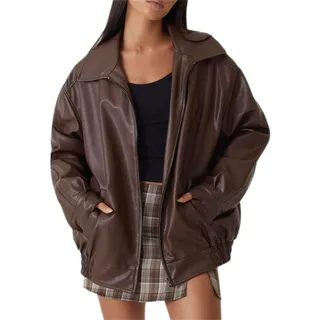 Viunychn Lederjacke Damen Schwarz Lang Braun Oversize Bomber Bomberjacke Leder Bikerjacke Lederjacken Motorrad Kunstlederjacke Braune Motorrad Jacke Streetwear Leather Jacket Woman