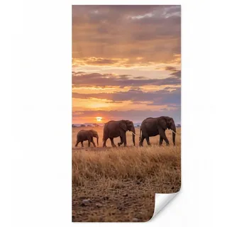 OnlyWow Fototapete Elefanten - Savanne - Sonnenuntergang - Afrika - Warm, Matt, bedruckt, Wandtapete, Küche, Wanddekoration 120x220cm 1.2 m x 2.2 m