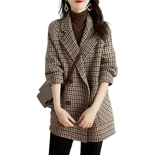 KIJSKKOPO Damen Wollmantel mit Hahnentrittmuster, Braun, Zweireihig, mit Revers, Fleece Gefüttert, Blazerjacke, Warmer Wintermantel, Stylischer Karo Peacoat Tasche - M