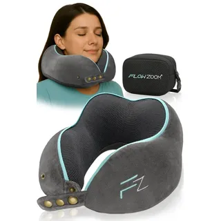 FLOWZOOM Nackenhörnchen COMFY Nackenkissen Flugzeug & Auto – Reisekissen Memory-Schaum, Nackenhörnchen für Erwachsene - Nackenkissen Reisen - verstellbar grau