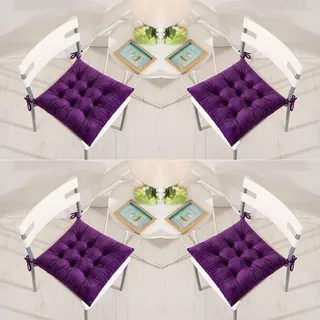 4er Set Stuhlkissen 40 x 40 cm Sitzkissen mit Bänder weicher Samt bequeme quadratische Sitzauflage kissen, für esszimmer stühle küche wohnzimmer terrasse garten indoor outdoor,Lila