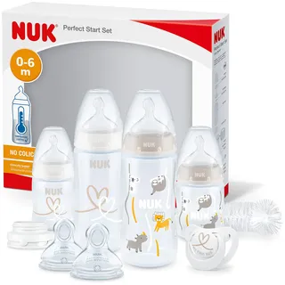 NUK Perfect Start First Choice+ Babyflaschen-Set | 0–6 Monate | 4 x Flaschen mit Temperaturkontrolle, Schnuller, Flaschenbürste & mehr | 10-teilig | Safari
