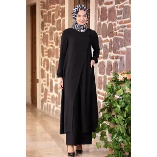 Modavitrini Longtunika mit Hose Damen Tunika Anzug Zweiteiler Hijab Kleidung Modest (IZEL) Aerobin Stoff schwarz 38/40 (S-M)