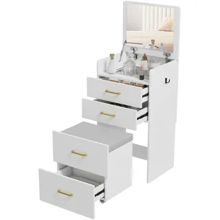 Schminktisch Mit Spiegel Und Hocker, 3-in-1, 3 Schubladen Und Sichtbare Glasplatte, Gepolstertes Kissen, 48 X 40 X 90 Cm, Weiß
