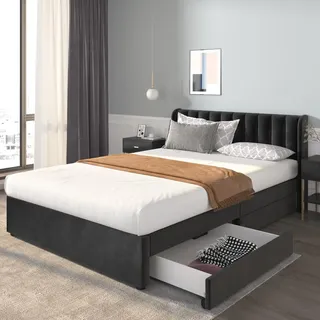 Merax Flieks Polsterbett 140x200 Doppelbett mit Gepolstertes Kopfteil - 2 Schubladen & Lattenrost Schwarz