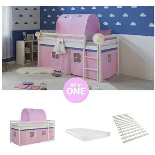 Homestyle4u Hochbett 90 x 200 cm Kiefer massiv weiß rosa