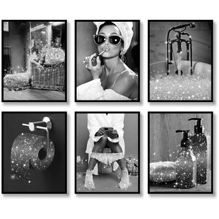 Fashion Wall Art Badezimmer Wanddekoration Drucke Set mit 6 schwarzen und weißen Glam Glitter Leinwand Poster Bilder Fotos Kunstwerk Moderne Frauen lustig (schwarz und weiß, 20,3 x 25,4 cm, ungerahmt)