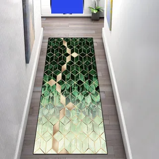 LIHY Teppich Läufer Flur rutschfest 60×350cm, Geometrisch Grün Blätter Gold Diamantgitter Küchenläufer Flurläufer Lang Polyester Teppichläufer, für Korridor Schlafzimmer Innen Wohnzimmer