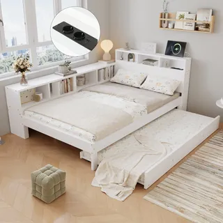 Holzbett 120x200 Cm Mit Ausziehbett 90x190 Cm, Weißes Funktionsbett Mit Seitlichem Stauraumregal Links/rechts Montierbar, Kopfteilablage Und Ladestation