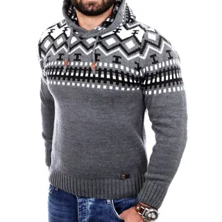 Reslad Strickpullover Reslad Herren Grobstrick Pullover Norweger Winter Kapuzenpullover (1-tlg) Strickpullover Männer Norwegermuster mit Kapuze grau XXXL