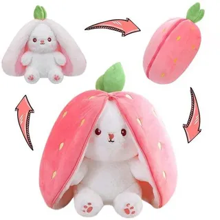Plüsch Kuscheltier Kaninchen – Reversible Knuffelkonijn – Erdbeerkaninchen – mit Reißverschluss – 35 cm – Kissen für Mädchen & Ostern