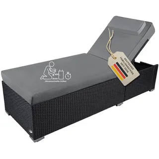 RS Trade Sonnenliege Gartenliege wetterfest extra hoch auch für Senioren – Polyrattan Outdoor mit Rollen, stabil & belastbar bis 200kg, XXL für Garten Terrasse Balkon, schwarz Rattan, graue Auflage