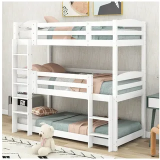 Flieks Etagenbett (mit 2 Leiter und 2 Set Lattenrost), Dreier-Etagenbett Hochbett Kiefernholzbett Kinderbett 90x200cm weiß