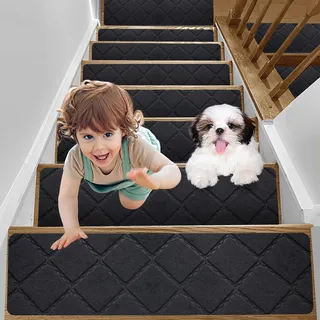 YISUN Stufenmatten 15 Stück, Anti-Rutsch Treppenstufen Matten, Treppenteppich selbstklebend Rechteckig, Teppich Treppenstufen aussen Innenbereich für Kinder Ältere und Hunde, 20 * 65 cm (Schwarz)
