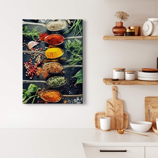 Leinwandbild Gewürze - Kunstdruck bunt gelb - 50x70 Hochformat - Wanddekoration Küche - Bild auf Keilrahmen