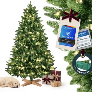 Merry Tree Luxus künstlicher Weihnachtsbaum 210 cm mit LED-Beleuchtung | Weihnachtsbaum mit Beleuchtung LED - Tannenbaum Spritzguss PE-Nadeln mit Holzfuß - Tannenbaum künstlich mit Beleuchtung