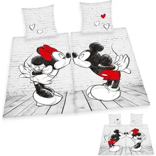 Disney Mickey + Minnie Mouse 4-teilig Partner Bettwäsche / Doppelpack 2x 80x80cm + 135x200cm, 100% Baumwolle - Grau/Weiß/Rot/Schwarz