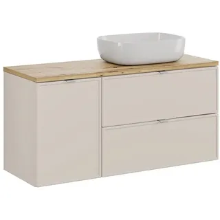 Lomadox Waschbeckenschrank BIBIONE-56 120 cm breit in kaschmir & Eiche, inkl. Wäschekorb, Aufsatzbecken weiß