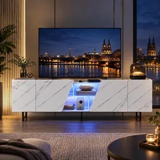 AONYAYBM TV Schrank mit 7 Farben LED, Fernsehtisch mit 4 Türen und Offenen Stauraum, 220 cm lang, TV Board mit Stauraum, TV Sideboard Skandinavisch für Wohnzimmer Schlafzimmer (Weiß + Marmor Textur)
