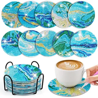 WuGU 10 Stück Diamond Painting Untersetzer Mit Halter, Diamond Painting Erwachsene zum Basteln, Wiederverwendbare DIY Marine Tassenuntersetzer mit Diamanten für Anfänger, Erwachsene & Kinder