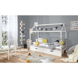 TiCAA Kinderbett Hausbett "Lina" mit Schubkästen 90x200 cm Kiefer weiß
