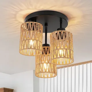 FORCOSO Deckenleuchte Rattan 3 Flammig, Boho Lampe Decke mit Natürlicher Rattan Lampenschirm, E27 Vintage Kronleuchter, Rustikal Braun Deckenlampe Für Wohnzimmer Schlafzimmer Esszimmer Küche Flur