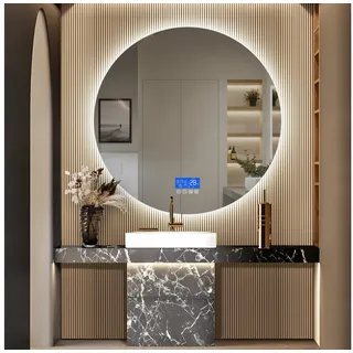 PXloue Badspiegel Runder Spiegel mit LED-Uhr und Temperaturanzeige, Stylisches Design mit Uhr, Datum und Temperatur für das Badezimmer. silberfarben 100 cm x 100 cm