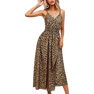 BSLVWG Damen Sommer Spaghetti Träger ausgestelltes V-Ausschnitt Kleid Rüschen Ärmellos Leopard Strand langes Kleid - S