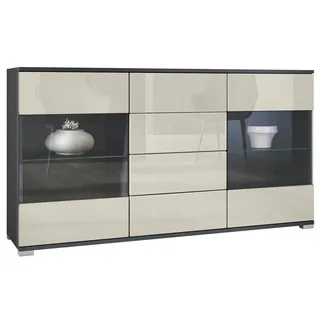 Vladon Sideboard Bari V1 (Kommode mit 2 Türen, 4 Schubladen und 2 flexible Glaseinlegeböden), Anthrazit matt/Creme Hochglanz (138,5 x 75,5 x 35) gelb