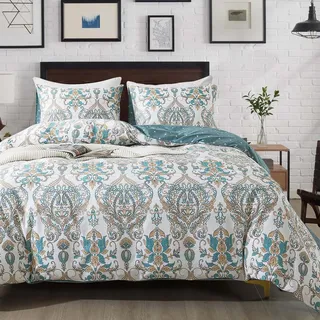 Bettwäsche 135x200 Baumwolle Blau Weiß Blumen Vintage und Kissenbezug 80x80
