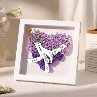 Personalisierter Muttertag Blumen Bilderrahmen Herz Rosen Shadow Box mit Namen 23×23 cm Wanddeko Geschenk für Mama Oma Ehefrau (A-Violett)
