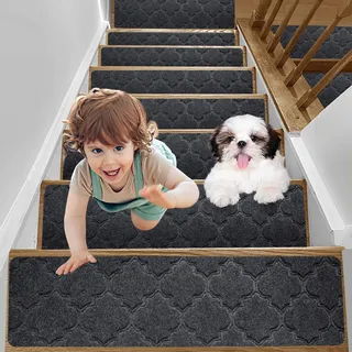 YISUN Stufenmatten 15 Stück, Anti-Rutsch Treppenstufen Matten, Treppenteppich selbstklebend Rechteckig, Teppich Treppenstufen aussen Innenbereich für Kinder Ältere und Hunde, 20 * 65 cm (Dunkelgrau)