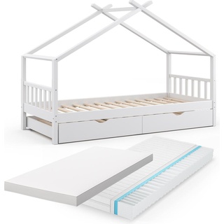 VitaliSpa, Kinderbett, Hausbett Design, Weiß, 90 x 200 cm mit Gästebett und 2 Matratzen (90 x 200 cm)