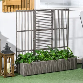 Outsunny Polyrattan Hochbeet mit Rankgitter, Blumenkasten für Garten Grau