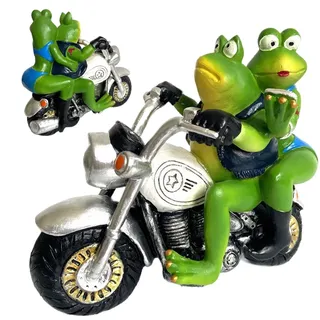 Chdnhe Froschpaar auf Motorrad Gartenfigur, 18,5cm Lustige Biker Frösche Dekofigur aus wetterfestem Kunstharz, Handbemalte Tierfigur für Garten, Terrasse, Balkon & Geschenk für Motorrad-Fans, Grün