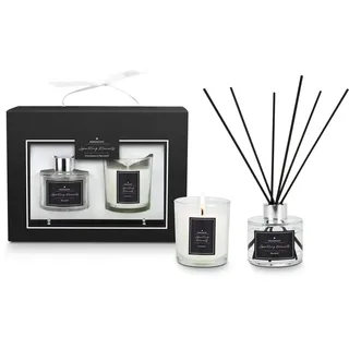 Römer Wellness Geschenkset Sparkling Moments: ROMOSCENT Raumduft (80ml) & Duftkerze (130 g) im Glas, edle Schwarz-Weiß Optik in Geschenkkarton, ca. 24.5 x 18 x 7.5 cm