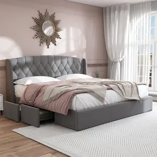 Grau 180x200 Polsterbett (Ohne Matratze) Jugendbett Samt Polsterbett Doppelbett mit 4 schubkästen Bett - Grau