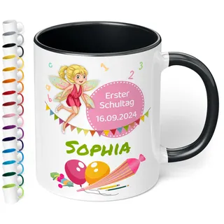 True Statements personalisierte Tasse Erster Schultag mit Fee, in Schwarz, Geschenk zur Einschulung, 330 ml Keramiktasse als Einschulungsgeschenk 1. Klasse