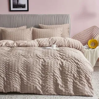 Freyamy Bettwäsche 155x220 Seersucker Khaki Geprägt Gestreifte Bettwäsche-Sets Aesthetic Microfaser ÖKO-TEX Bettbezug 1 Deckenbezug mit Reißverschluss und 1 Kissenbezug 80x80cm