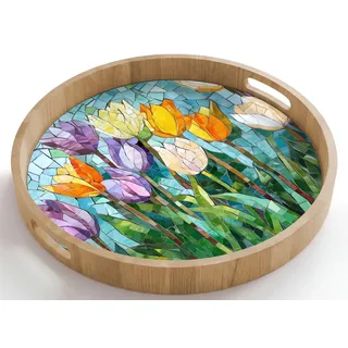 OnlyWow Tablett Rund mit Henkel Mosaik - Feld - Tulpen - Farbenfroh, Eichenholz, (1-tlg), Servierbrett Groß, Tischdeko, Platte, Tisch Deko 50 cm x 50 cm x 5 cm