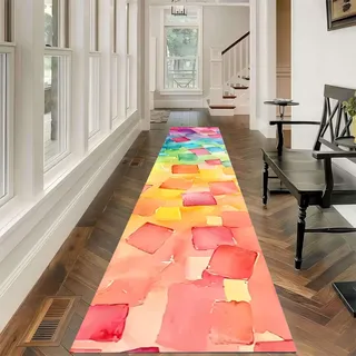 USHIRUG Bunte Teppiche Läufer, 80x200cm, Abstraktes Geometrisches Karomuster in Orange und Gelb, Flurteppiche, Rutschfester Kurzfloriger Küchen Teppich für Waschküchen und Schlafzimmer