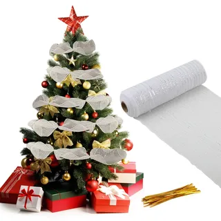 27cm x 9m Mesh-Band Silber Für Weihnachtsbaum Deko - Weihnachtsdeko Weihnachtsband Lametta Mesh Ribbon Girlande Weihnachten Amerikanisch Für DIY Schleife Türkranz Tisch Weihnachtsgirlande Christbaum