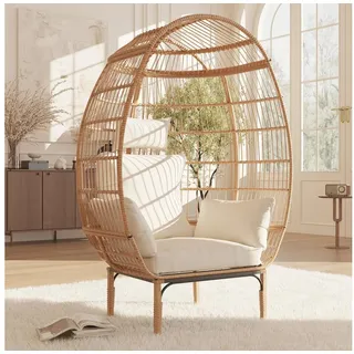 GarveeMore Hängesessel Polyrattan-Egg Kugelsessel Loungesessel Gartensessel Relaxsessel, Oversize Sessel mit Stand für Balkon/Terrasse/Garten und Indoor weiß