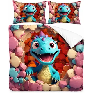 WSFST Dinosaurier Bettwäsche 135x200 cm Mikrofaser – Dino Bettwäsche Set 2-teilig mit süßem Cartoon Dino Motiv, Bettbezug 135x200 & Kissenbezug 80x80, Kinder Bettwäsche Jungen mit Reißverschluss