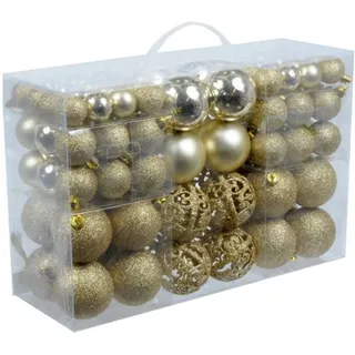 Weihnachtsgeschenke-Set mit 100 Weihnachtskugeln – Dekoration – unzerbrechlich – für drinnen und draußen – Kunststoff – Ø3/4/6 cm – matt, glänzend, glitzernd und offen – Gold