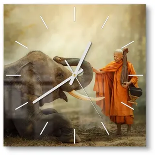DEQORI Wanduhr 'Buddhist berührt Elefant' (Glas Glasuhr modern Wand Uhr Design Küchenuhr) grau|orange 30 cm x 30 cm