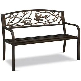 Yaheetech Gartenbank aus Pulverbeschichtetem Metall mit Vogelmuster im Vintage-Stil, 3-Sitzer-Metallbank für Garten/Terrasse/Balkon braun